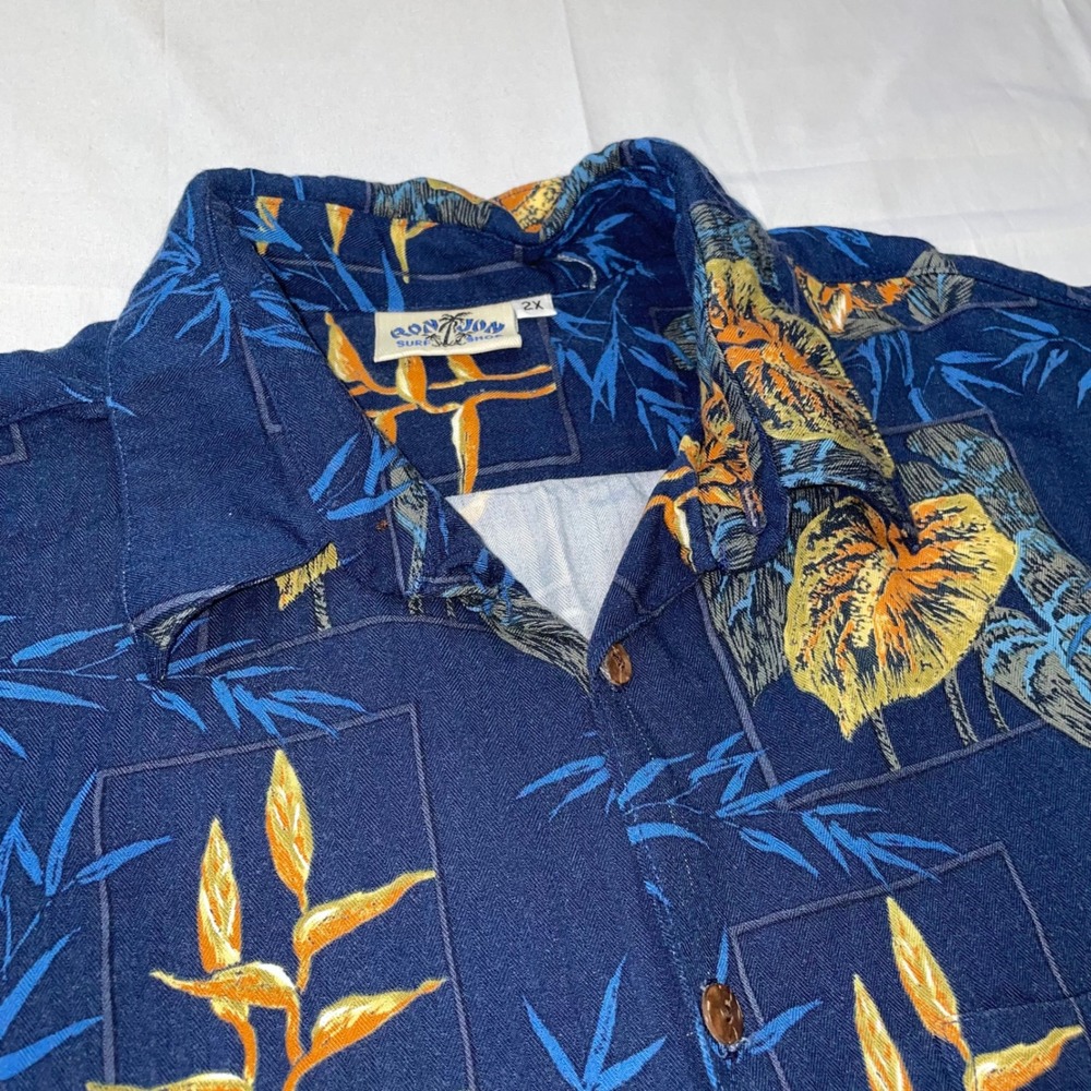 Ron Jon Surf Shop Mens 2X Hawaiian Shirt Navy Blue Tropical Floral Rayon USA